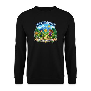 Jakobsweg Kindershirt  - Unisex Pullover - Schwarz - Vorne - Alina (178cm) & Michal (187cm)