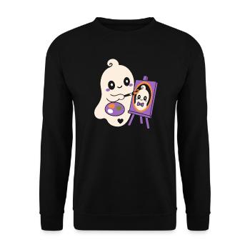 Halloween Geist malt Bild – Kawaii Motiv - Unisex Pullover - Schwarz - Vorne - Alina (178cm) & Michal (187cm)