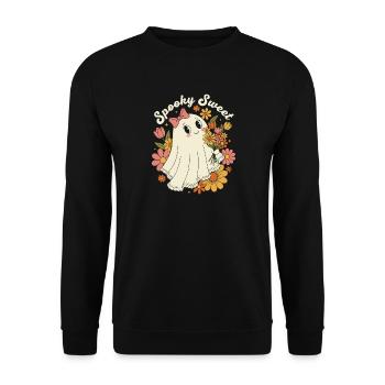 Gruseliger, süßer Retro-Blumengeist - Unisex Pullover - Schwarz - Vorne - Alina (178cm) & Michal (187cm)