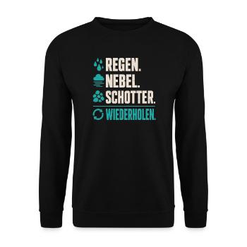Regen, Nebel, Schotter & Wiederholen - Unisex Pullover - Schwarz - Vorne - Alina (178cm) & Michal (187cm)