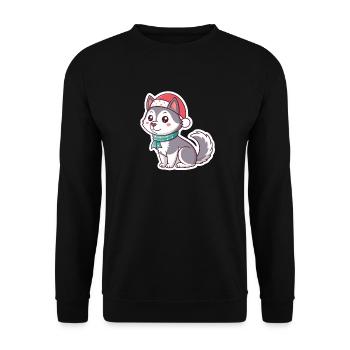 Festlicher Husky mit rotem Hut - Unisex Pullover - Schwarz - Vorne - Alina (178cm) & Michal (187cm)