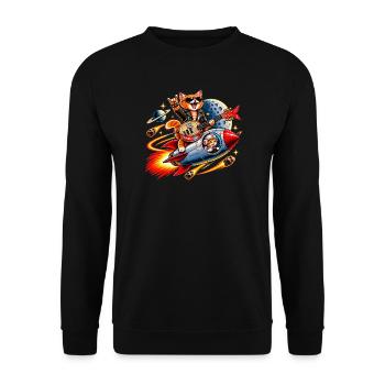 Rock Katze Mit Fantasie-Gitarre Im Weltraum - Unisex Pullover - Schwarz - Vorne - Alina (178cm) & Michal (187cm)