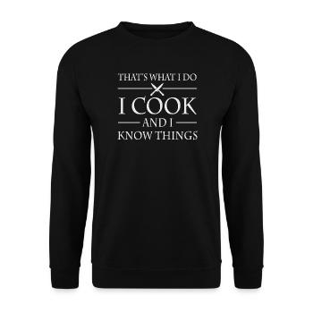 Ich koche und weiß Dinge – lustiges Kochgeschenk - Unisex Pullover - Schwarz - Vorne - Alina (178cm) & Michal (187cm)