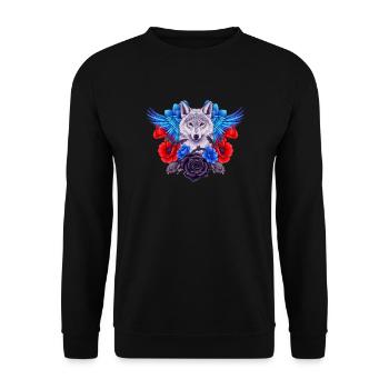 Fuchsgeist mit blauen Flügeln und Blüten - Unisex Pullover - Schwarz - Vorne - Alina (178cm) & Michal (187cm)