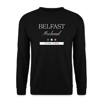Belfast Irland Souvenir – Reise Koordinaten - Unisex Pullover - Schwarz - Vorne - Alina (178cm) & Michal (187cm)
