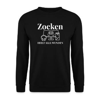 Zocken Heilt Alle Wunden - Unisex Pullover - Schwarz - Vorne - Alina (178cm) & Michal (187cm)