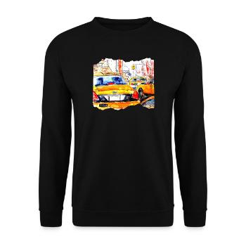 New York Taxi Kunstmotiv von Jörg Langhans - Unisex Pullover - Schwarz - Vorne - Alina (178cm) & Michal (187cm)