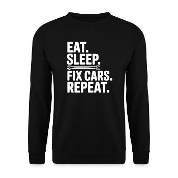 Iss. Schlaf. Autos reparieren. Wiederholen. - Unisex Pullover - Schwarz - Vorne - Alina (178cm) & Michal (187cm)