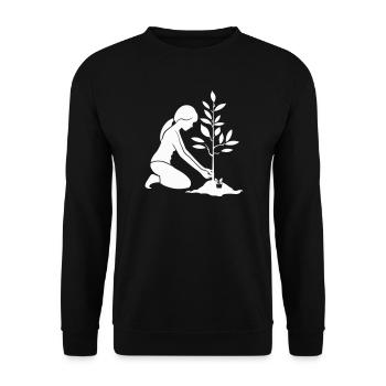 Knieende Gärtnerin beim Pflanzen - Unisex Pullover - Schwarz - Vorne - Alina (178cm) & Michal (187cm)