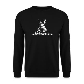 Hase spielt Schach - Unisex Pullover - Schwarz - Vorne - Alina (178cm) & Michal (187cm)