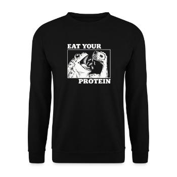 Iss dein Protein lustiger Frosch - Unisex Pullover - Schwarz - Vorne - Alina (178cm) & Michal (187cm)