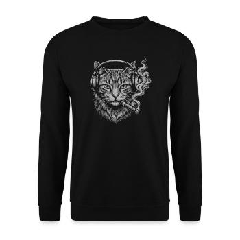 Katze mit Kopfhörern rauchende Zigarre - Unisex Pullover - Schwarz - Vorne - Alina (178cm) & Michal (187cm)