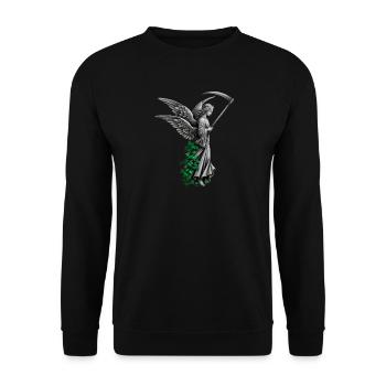 Engel Statue mit Sense und Efeu - Unisex Pullover - Schwarz - Vorne - Alina (178cm) & Michal (187cm)