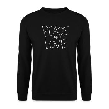 Peace and Love – minimalistischer Schriftzug im Kr - Unisex Pullover - Schwarz - Vorne - Alina (178cm) & Michal (187cm)