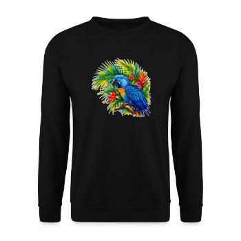 Tropischer Blauparrot im Tropenwald - Unisex Pullover - Schwarz - Vorne - Alina (178cm) & Michal (187cm)