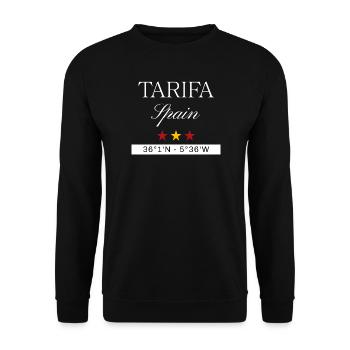 Tarifa Spanien Souvenir – Reise minimalistisch - Unisex Pullover - Schwarz - Vorne - Alina (178cm) & Michal (187cm)