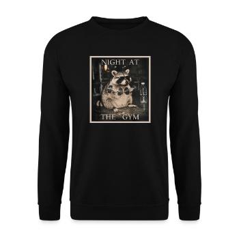 Fitness Raccoon - Night at the Gym - Unisex Pullover - Schwarz - Vorne - Alina (178cm) & Michal (187cm)