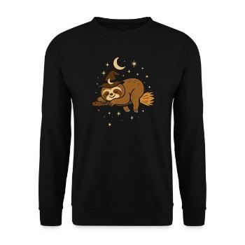Halloween Faultier – Hexe auf Besen - Unisex Pullover - Schwarz - Vorne - Alina (178cm) & Michal (187cm)