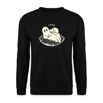 Cozy Ghost Süße Katze Gespenst Geschenk - Unisex Pullover - Schwarz - Vorne - Alina (178cm) & Michal (187cm)