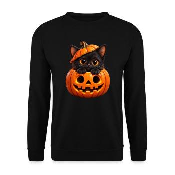 Kätzchen im Jack-o'-Lantern - Unisex Pullover - Schwarz - Vorne - Alina (178cm) & Michal (187cm)
