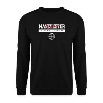 Manchester England Koordinaten Reise Souvenir - Unisex Pullover - Schwarz - Vorne - Alina (178cm) & Michal (187cm)