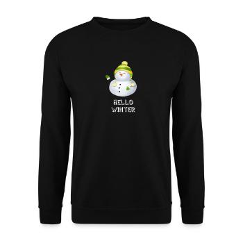 Hello Winter - Schneemann mit Ringelmütze - Unisex Pullover - Schwarz - Vorne - Alina (178cm) & Michal (187cm)