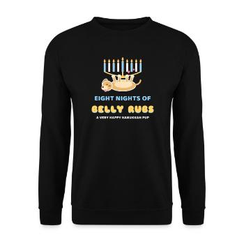 Acht Nächte mit Bauchmassagen Lustiger Chanukkah-Hund - Unisex Pullover - Schwarz - Vorne - Alina (178cm) & Michal (187cm)