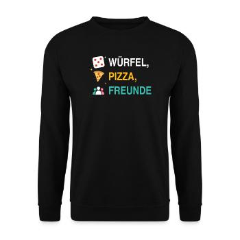 Würfel, Pizza, Freunde – Spieleabend Motiv - Unisex Pullover - Schwarz - Vorne - Alina (178cm) & Michal (187cm)