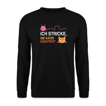 Ich stricke, die Katze sabotiert – Strick Spruch - Unisex Pullover - Schwarz - Vorne - Alina (178cm) & Michal (187cm)