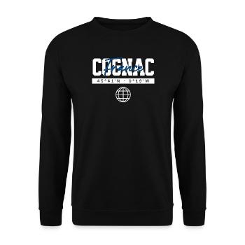 Cognac Frankreich Koordinaten Reise Souvenir - Unisex Pullover - Schwarz - Vorne - Alina (178cm) & Michal (187cm)