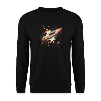 Retro-futuristisches weiß-orangefarbenes Raumschiff bewegt sich - Unisex Pullover - Schwarz - Vorne - Alina (178cm) & Michal (187cm)