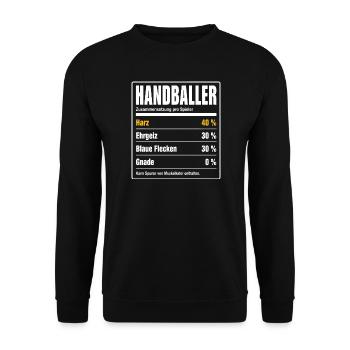 Handballer Inhaltsstoffe – 40 % Harz, 0 % Gnade - Unisex Pullover - Schwarz - Vorne - Alina (178cm) & Michal (187cm)