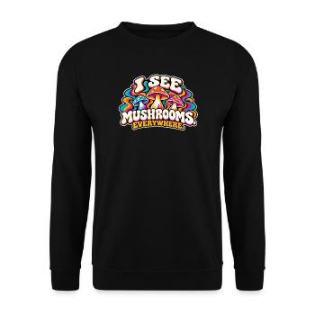 Ich sehe Pilze überall - Unisex Pullover - Schwarz - Vorne - Alina (178cm) & Michal (187cm)
