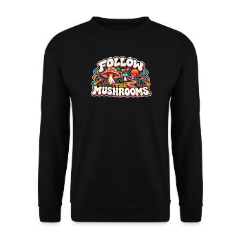 Follow the Mushrooms – Psychedelischer Pilztraum - Unisex Pullover - Schwarz - Vorne - Alina (178cm) & Michal (187cm)