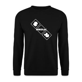 Geschenk für Nikolai - Unisex Pullover - Schwarz - Vorne - Alina (178cm) & Michal (187cm)