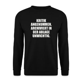 KRITIK ANGENOMMEN. LUSTIGER SPRUCH - Unisex Pullover - Schwarz - Vorne - Alina (178cm) & Michal (187cm)