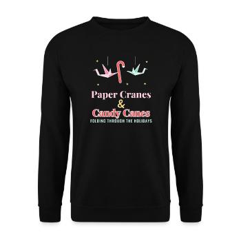 Papierkraniche und Zuckerstangen-Weihnachtsorigami - Unisex Pullover - Schwarz - Vorne - Alina (178cm) & Michal (187cm)