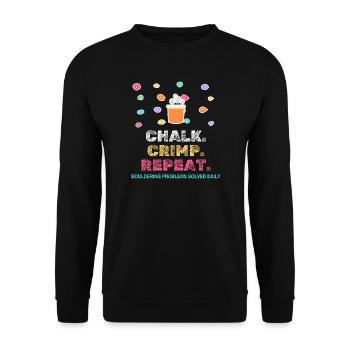 Chalk Crimp Repeat Bouldering Klettern - Unisex Pullover - Schwarz - Vorne - Alina (178cm) & Michal (187cm)