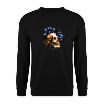 Blaues Blumenskull-Design - Unisex Pullover - Schwarz - Vorne - Alina (178cm) & Michal (187cm)
