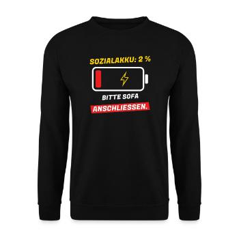 Sozialakku 2 % - bitte Sofa anschließen - Unisex Pullover - Schwarz - Vorne - Alina (178cm) & Michal (187cm)