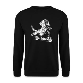 Dackel auf dem Tretroller – Vintage-Stil - Unisex Pullover - Schwarz - Vorne - Alina (178cm) & Michal (187cm)