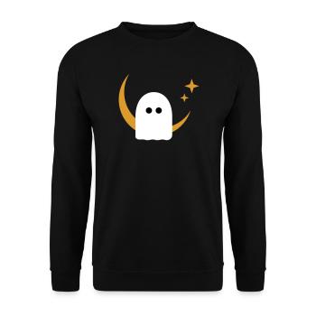 Moon Ghost Badge – Minimal Line‑Art T‑Shirt | Weiß - Unisex Pullover - Schwarz - Vorne - Alina (178cm) & Michal (187cm)