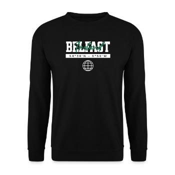 Belfast Nordirland Koordinaten Reise Souvenir - Unisex Pullover - Schwarz - Vorne - Alina (178cm) & Michal (187cm)