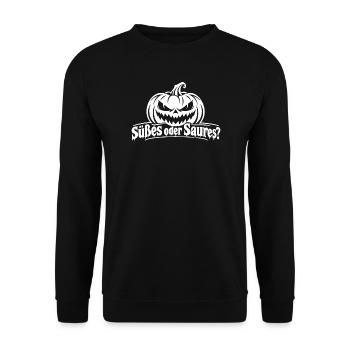 Süßes oder Saures Kürbis – Halloween Design - Unisex Pullover - Schwarz - Vorne - Alina (178cm) & Michal (187cm)