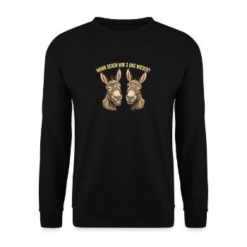 Esel lustiger Spruch wann sehen wir 3 uns wieder - Unisex Pullover - Schwarz - Vorne - Alina (178cm) & Michal (187cm)