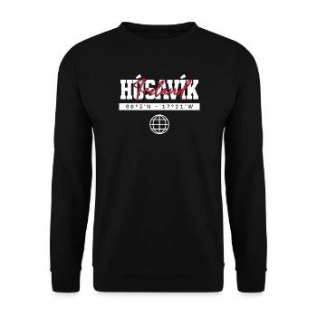Húsavík Island Koordinaten Reise Souvenir - Unisex Pullover - Schwarz - Vorne - Alina (178cm) & Michal (187cm)