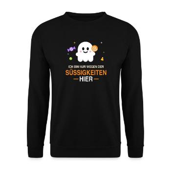 Ich bin nur wegen der Süßigkeiten hier – Halloween - Unisex Pullover - Schwarz - Vorne - Alina (178cm) & Michal (187cm)