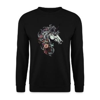 Goth Gothic Einhorn Mystisch Horror Blumen - Unisex Pullover - Schwarz - Vorne - Alina (178cm) & Michal (187cm)