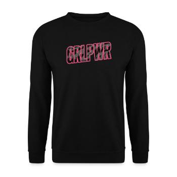 GRL PWR Schriftzug Pink Camouflage JDM Sticker - Unisex Pullover - Schwarz - Vorne - Alina (178cm) & Michal (187cm)