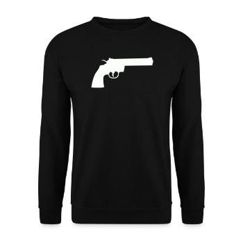 Minimalistische Revolver-Silhouette - Unisex Pullover - Schwarz - Vorne - Alina (178cm) & Michal (187cm)